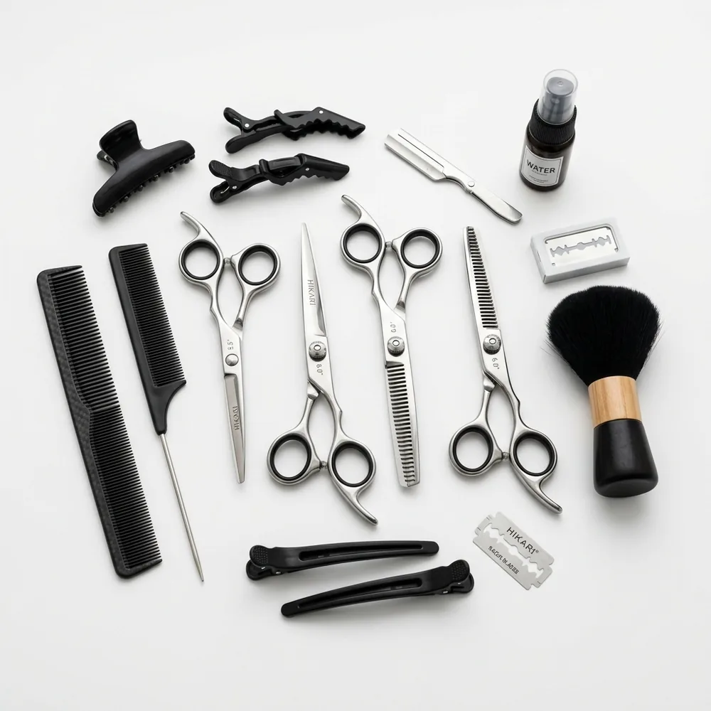 Rose gold hairdressing scissors, thinning shears, and straight razor set