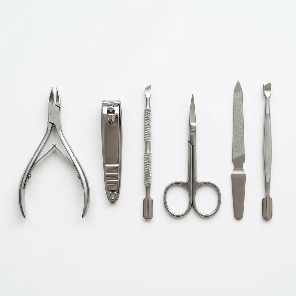 Stainless steel manicure tool set including clippers, nail files, and cuticle pushers