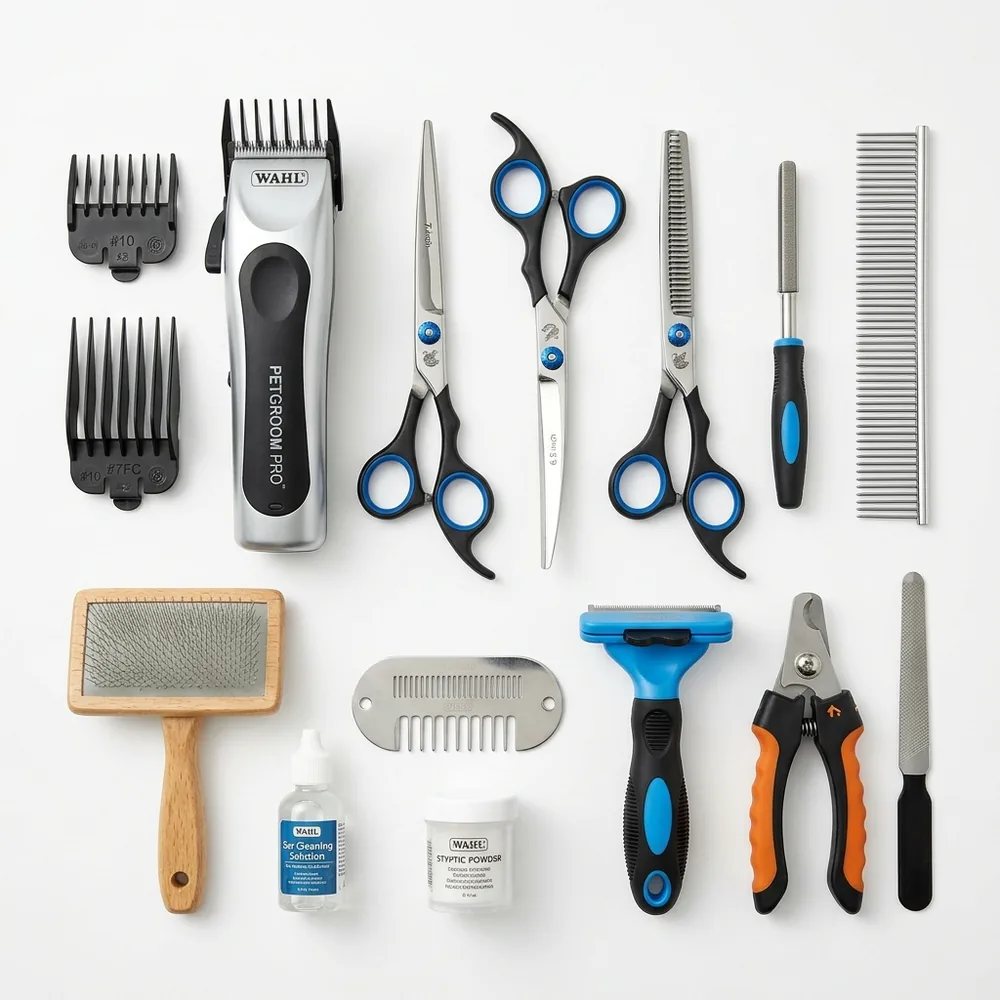 Pet grooming tool kit including clippers, shears, brush, and nail clippers
